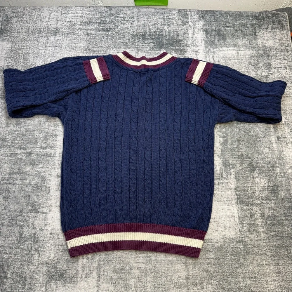 VTG Van Heusen Sweater Medium Tennis Cable Knit V-Neck Ivy Preppy Red White Blue